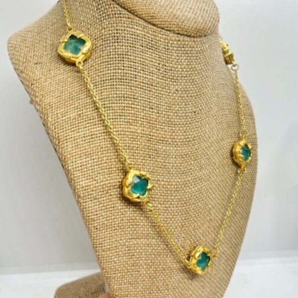 GEORGE AQUA BLUE GREEN CLOVER NECKLACE GOLD TONE STATION STYLE 18" ADJUSTABLE - Picture 4 of 16